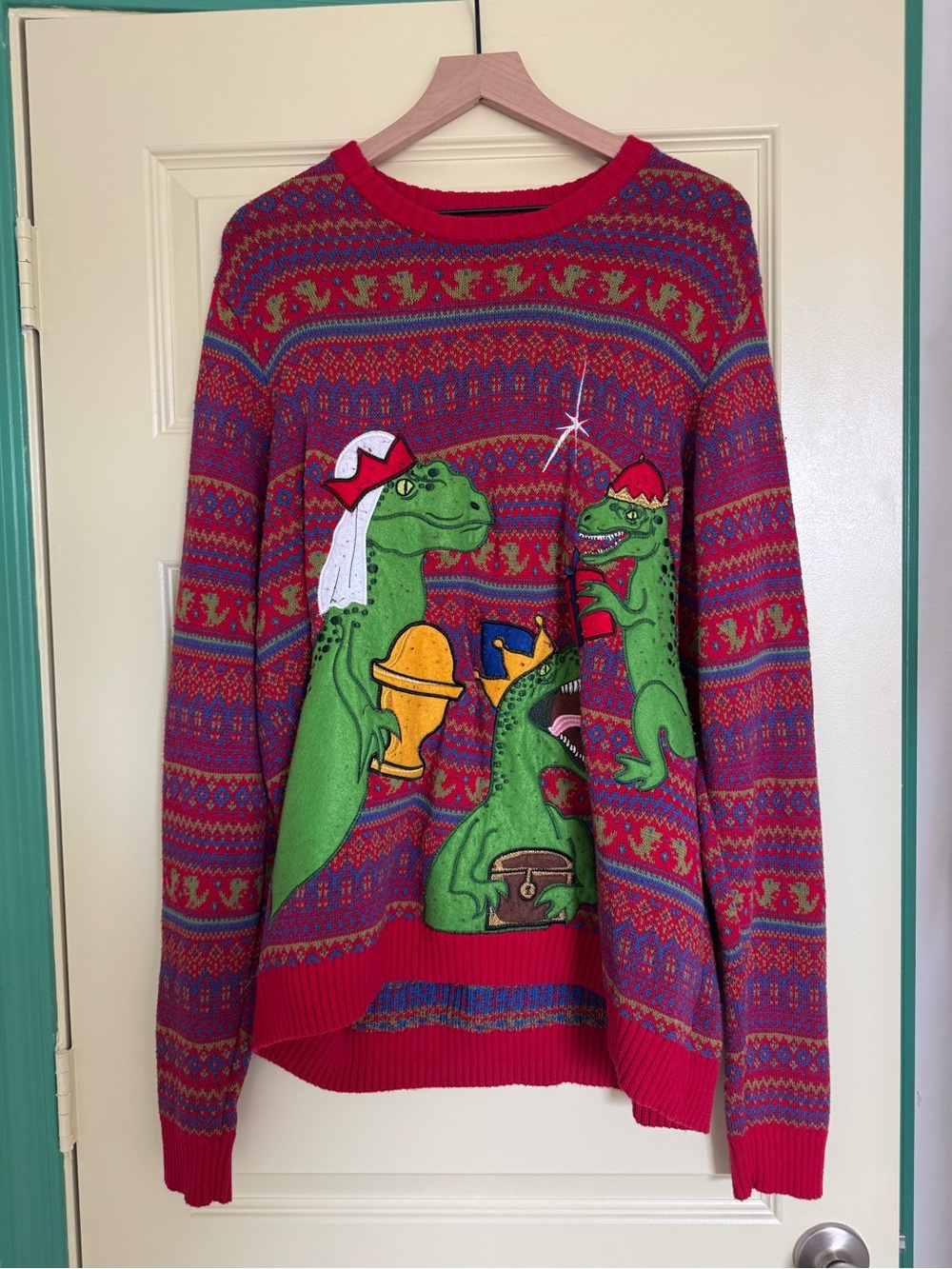 Men's Red Fair Isle Crewneck Sweater with Green Dino Motif